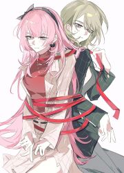  2girls bang_dream! bang_dream!_our_notes black_hairband bound closed_mouth commentary green_hair green_jacket grey_pants hairband highres izawa_natsume izumi_houka jacket long_hair multiple_girls pants pink_eyes pink_hair plaid_clothes plaid_jacket red_ribbon red_shirt ribbon ribbon_bondage shirt signgl simple_background skirt sweatdrop tied_up_(nonsexual) white_background white_jacket white_skirt yuri 