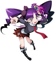  1girl artist_request aura bent_over black_boots black_shirt blue_eyes boots bow bracelet breasts candy_hair_ornament card dark_aura duel_masters duel_masters_play's facial_tattoo food-themed_hair_ornament footwear_bow fur-trimmed_shirt fur_trim hair_ornament holding holding_card jewelry long_hair necktie official_art open_mouth pointing pointing_at_viewer puramai_rei purple_hair red_necktie red_skirt shirt shirt_under_shirt skirt skull solo spiked_bracelet spikes tattoo teeth third-party_source trading_card transparent_background twintails upper_teeth_only white_bow white_shirt 