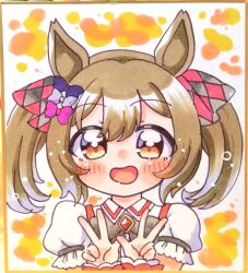  1girl animal_ears blush brown_eyes brown_hair commentary_request deformed double_v facing_viewer hair_ribbon hatsune_(pumpkin_pie) horse_ears horse_girl looking_at_viewer marker_(medium) open_mouth ribbon shikishi shirt sidelocks smart_falcon_(love_4ever)_(umamusume) smart_falcon_(umamusume) smile solo traditional_media twintails umamusume v white_shirt 