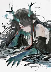  1girl arknights arm_rest bare_shoulders black_hair black_jacket black_nails closed_mouth collared_shirt dragon dragon_girl dragon_horns dusk_(arknights) earrings eyeshadow green_hands green_horns hair_over_one_eye highres horns ink jacket jewelry long_hair looking_at_viewer makeup necktie orange_eyes pointy_ears red_eyeshadow red_necktie shirt sleeveless sleeveless_shirt slit_pupils solo tassel tassel_earrings very_long_hair white_background white_shirt wwvc7qr8fvifxz 