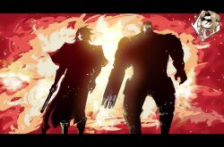  1girl 2boys aerith_gainsborough arm_cannon barret_wallace black_hair chibi cloak dark-skinned_male dark_skin explosion final_fantasy final_fantasy_vii final_fantasy_vii_remake final_fantasy_vii_revelation glint gun handgun headband highres multiple_boys ninyunyan red_cloak red_headband standing sunglasses vincent_valentine weapon 