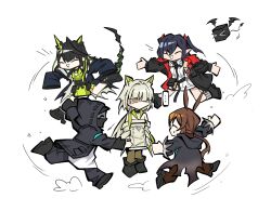  >_< 1other 4girls ahoge ambiguous_gender amiya_(arknights) amiya_(medic)_(arknights) animal_ear_fluff animal_ears arknights black_hair black_jacket black_pants black_shoes blue_hair bow brown_hair brown_pantyhose cat_ears cat_girl closed_eyes closure_(arknights) commentary crystal_horns crystal_tail deformed doctor_(arknights) dress english_commentary green_dress green_eyes green_hair green_streaks grin hair_bow hair_intakes hair_over_one_eye highres hood hood_down hood_up hooded_coat horns huge_ahoge jacket kal'tsit_(arknights) kal'tsit_esperanta_(arknights) lambda_(arknights) long_hair long_sleeves mon3tr_(arknights) multicolored_hair multiple_girls nasipattaya non-humanoid_robot off-shoulder_dress off_shoulder open_clothes open_jacket outstretched_arms pants pantyhose pointy_ears ponytail rabbit_ears rabbit_girl red_bow red_jacket robot shaded_face shoes short_twintails simple_background skipping sleeves_past_fingers sleeves_past_wrists smile spinning spread_arms streaked_hair tail tail_raised twintails unamused white_background white_dress 