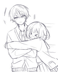  >_< 1boy 1girl :d blush cardigan closed_eyes closed_mouth collared_shirt crossed_arms greyscale hair_between_eyes hetero highres hug kamiyama_high_school_uniform_(project_sekai) miyamasuzaka_girls'_academy_school_uniform monochrome necktie ootori_emu open_cardigan open_clothes outstretched_arms pleated_skirt pnyo_emc project_sekai sailor_collar school_uniform serafuku shirt simple_background skirt smile tenma_tsukasa v-shaped_eyebrows white_background xd 