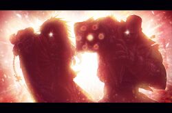  2boys aiming aiming_at_viewer arm_cannon barret_wallace cloak dark-skinned_male dark_skin explosion final_fantasy final_fantasy_vii final_fantasy_vii_remake final_fantasy_vii_revelation fingerless_gloves gatling_gun glint gloves glowing glowing_eye gun headband highres holding holding_gun holding_weapon multiple_boys red_cloak tylor_hepner upper_body vincent_valentine weapon 