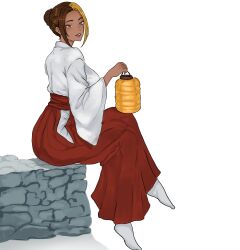  1girl absurdres alishia_art blonde_hair breasts brown_eyes brown_hair colored_bangs commentary crossed_legs dark_skin english_commentary eyelashes from_side full_body hair_bun hair_pulled_back hair_up hakama hand_up head_tilt highres holding holding_lantern japanese_clothes kimono lantern lara_(alishia_art) large_breasts looking_at_viewer miko multicolored_hair no_shoes original paper_lantern parted_bangs parted_lips red_hakama sidelocks simple_background sitting socks teeth two-tone_hair white_background white_kimono white_socks wide_sleeves 