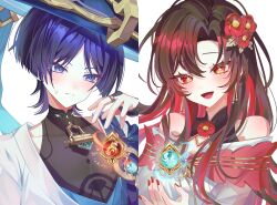  1boy 1girl 28gom28 absurdres anemo_symbol_(genshin_impact) bare_shoulders bishounen black_bodysuit black_bridal_gauntlets blue_cape blue_gem blue_hat blue_jingasa blue_kimono blue_pupils blunt_ends blush bodysuit bridal_gauntlets brown_hair camellia_(trave1er) cape closed_mouth colored_inner_hair commission couple covered_collarbone curtained_hair dress earrings eyelashes eyeliner feather_hair_ornament feathers fingernails fire flower gem genshin_impact gold gold_earrings gold_ring gold_trim hair_flower hair_ornament hand_up happy hat hetero highres japanese_clothes jewelry jingasa juban kimono long_hair looking_at_another makeup mandarin_collar middle_ring multicolored_hair oc_x_canon off-shoulder_dress off_shoulder open_clothes open_hand open_kimono open_mouth original pink_lips plum_blossoms portrait pyro_symbol_(genshin_impact) red_eyeliner red_flower red_gem red_hair red_nails scaramouche_(genshin_impact) second-party_source see-through_clothes see-through_sleeves shoulder_peek side_cape split_screen sweatdrop tongue tsurime violet_eyes wanderer_(genshin_impact) white_background white_dress white_kimono wind wolf_cut 