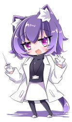  1girl :3 :d absurdres animal_ear_fluff animal_ears black_pantyhose black_shirt cat_ears cat_girl cat_tail chibi chibi_only combat2000_(kuroneko) commentary_request full_body gloves hair_between_eyes hands_up highres lab_coat looking_at_viewer open_mouth original pantyhose pink_eyes purple_hair shirt short_hair simple_background skirt slippers smile solo standing tail white_background white_gloves white_skirt white_slippers 