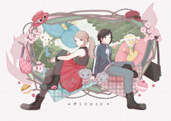  112431a 1boy 1girl absurdres black_boots black_hair black_jacket black_thighhighs boots calem_(pokemon) commentary_request espurr flabebe flabebe_(blue_flower) flabebe_(yellow_flower) flower full_body hat highres jacket looking_at_viewer pink_flower pleated_skirt poke_puff pokemon pokemon_(creature) pokemon_x_and_y ponytail red_skirt serena_(pokemon) sitting skirt thigh-highs unworn_hat unworn_headwear 