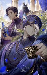  3boys absurdres arjuna_(fate) arjuna_(traveling_outfit)_(fate) arjuna_alter_(fate) arjuna_alter_(festival_outfit)_(fate) asian_indian_clothes black_hair black_robe black_shirt black_turban blue_eyes blurry bottle bracelet braid brown_eyes character_name closed_mouth colored_skin commentary_request copyright_name cup curtained_hair dark-skinned_male dark_skin day depth_of_field earrings english_text falling_petals fate/grand_order fate_(series) father_and_child father_and_son glint gold_bracelet gold_earrings gold_trim grey_eyes grey_hair grey_skin grey_tail hair_over_shoulder hair_slicked_back hand_up highres holding holding_bottle holding_cup horns indra_(fate) indra_(ikepri_canvas)_(fate) jewelry koke_uzm leaf long_hair long_sleeves looking_at_viewer male_focus multiple_boys outdoors parent_and_child parted_lips peacock_feathers petals purple_robe robe shirt short_hair single_braid single_earring sitting tail turban 