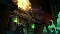  1boy arm_up black_hair commentary english_commentary eriochromatic fire ghost green_fire hades_(hades) hades_(series) hades_1 highres official_style outdoors reaching scenery scroll statue torch tree wide_shot zagreus_(hades) 