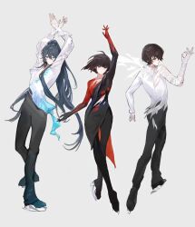  1girl 2boys absurdres black_eyes blue_eyes blunt_bangs figure_skating_dress full_body grey_background hand_up hands_up heterochromia highres hong_lu_(project_moon) ice_skates ice_skating limbus_company long_hair multiple_boys one_eye_covered ponytail project_moon red_eyes ryoshu_(project_moon) short_hair simple_background skates skating xugou_fen_chang_xiao_maomi yi_sang_(project_moon) 