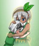  2girls asatsuki_(cookie) bangs black_hairband blue_eyes blush bob_cut bow_hairband closed_eyes closed_mouth commentary_request cookie_(touhou) cowboy_shot crying dark-skinned_female dark_skin disappear earrings eska_(cookie) green_background green_skirt green_vest grey_hair hairband hoop_earrings hug jewelry knb_(nicoseiga53198051) konpaku_youmu looking_at_another multiple_girls open_mouth puffy_short_sleeves puffy_sleeves shirt shoes short_hair short_sleeves skirt skirt_set smile sparkle touhou vest white_shirt 