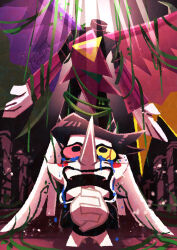  1boy absurdres black-framed_eyewear black_hair commentary_request deltarune dual_persona glasses gloves heterochromatic_eyewear highres interlocked_fingers open_mouth own_hands_clasped own_hands_together pink-tinted_eyewear plant round_eyewear short_hair solo spamton_g._spamton spamton_neo teeth tinted_eyewear utdr_(toby_fox) vines watawata22 white_gloves yellow-tinted_eyewear 