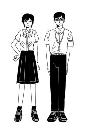  1boy 1girl arakure_ojou-sama_wa_monmon_shiteiru arm_at_side armband arms_at_sides belt black_shoes black_socks bow bowtie closed_mouth collared_shirt commentary_request expressionless facing_viewer full_body glasses greyscale hand_on_own_hip highres kaidenwa kiritsu_tadashi kuchinashi_tsubaki loafers long_skirt looking_at_another looking_to_the_side medium_skirt monochrome pants pleated_skirt rectangular_eyewear sanpaku school_uniform shirt shirt_tucked_in shoes short_hair short_sleeves sidelocks simple_background sketch skirt socks standing straight-on swept_bangs thick_eyebrows very_short_hair whistle whistle_around_neck white_background 