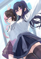  2girls absurdres black_choker black_hair black_skirt black_thighhighs blue_eyes blue_hair blue_nails blue_ribbon blue_sky bow breasts brown_hair cardigan cardigan_around_waist cellphone choker clothes_around_waist clouds commentary contrail day earrings flip_phone glasses grey_cardigan grey_necktie hair_bow hair_ornament hair_ribbon hairclip highres holding holding_phone ichinose_uruha ichinose_uruha_(6th_costume) indoors jewelry long_hair long_sleeves looking_at_viewer multicolored_hair multiple_girls necktie pearl_hairband phone pink_cardigan pink_hair pink_skirt pleated_skirt ponytail ribbon school_uniform skirt sky smile stud_earrings tachibana_hinano tachibana_hinano_(school_uniform) thigh-highs unidon_48 v violet_eyes virtual_youtuber vspo! zettai_ryouiki 