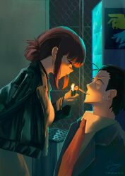  1boy 1girl absurdres artist_name black_collar black_eyes black_hair black_jacket blue_suit breasts chain-link_fence cigarette collar collared_shirt commentary_request cropped_jacket dangle_earrings dress dress_shirt ear_piercing earrings eyelashes fence frown gold_earrings hair_slicked_back highres holding holding_lighter jacket jewelry large_breasts lighter lighting_cigarette long_sleeves looking_at_another medium_hair necktie night open_clothes open_jacket outdoors parted_bangs parted_lips piercing profile red_eyes red_hair red_necktie rhsiang sasaki_(super_no_ura_de_yani_suu_futari) shirt short_hair sidelocks signature suit super_no_ura_de_yani_suu_futari sweat sweatdrop tayama_(super_no_ura_de_yani_suu_futari) unlit_cigarette_in_mouth updo upper_body vending_machine white_dress white_shirt wide_sleeves 