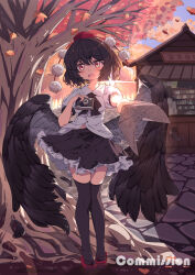  1girl absurdres bird_wings black_bow black_bowtie black_skirt black_thighhighs black_wings bow bowtie brown_hair camera chinese_commentary collared_shirt commentary_request commission feathered_wings full_body hat highres holding holding_camera holding_newspaper looking_at_viewer newspaper open_mouth outdoors pom_pom_(clothes) puffy_short_sleeves puffy_sleeves red_eyes red_hat red_sandals red_shoes sandals shameimaru_aya shirt shoes short_sleeves skirt smile solo thigh-highs tokin_hat touhou tree white_shirt wings yiyi02 