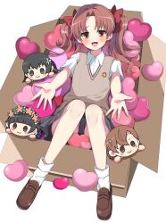  4girls :d blush bow box brown_eyes brown_hair brown_shoes brown_sweater_vest chibi chibi_inset closed_mouth collared_shirt commentary_request full_body grey_skirt hair_bow heart highres in_box in_container loafers long_hair looking_at_viewer miniskirt misaka_mikoto multiple_girls murase48 open_mouth outstretched_hand penny_loafers pleated_skirt reaching reaching_towards_viewer red_bow saten_ruiko school_emblem school_uniform shirai_kuroko shirt shoes short_hair short_sleeves simple_background skirt smile socks summer_uniform sweater_vest toaru_kagaku_no_railgun toaru_majutsu_no_index tokiwadai_school_uniform twintails uiharu_kazari v-neck white_background white_shirt wing_collar 