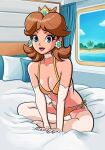  1girl bed brown_hair crown earrings full_body gloves jewelry jf_illustration lingerie open_mouth princess_daisy smile solo super_mario_bros. underwear 