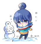  1girl blue_hair blush character_snowman chibi hair_bun ice jacket mint_(mintlemonade3) scarf shima_rin snowman solo violet_eyes white_background yurucamp 