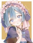  1boy :o bangs blue_eyes blue_hair blunt_bangs border bow bowtie bright_pupils brown_shirt capelet character_name collared_shirt commentary crossdressing finger_to_cheek frilled_hairband frills hairband hand_up head_tilt highres looking_up made_in_abyss maid_headdress male_focus maruruk open_mouth orange_background otoko_no_ko outside_border portrait purple_bow purple_bowtie purple_capelet shirt short_hair simple_background solo symbol-only_commentary tomei_00 whistle whistle_around_neck white_border white_pupils 