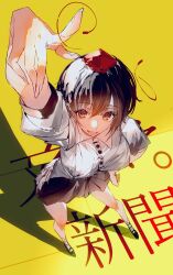  1girl absurdres arm_up black_hair black_shoes black_skirt breasts collared_shirt commentary from_above hair_between_eyes hand_on_own_hip hat highres index_finger_raised legs looking_at_viewer medium_breasts parted_lips po_(anhk5528) red_eyes shadow shameimaru_aya shirt shoes short_hair short_sleeves skirt smile solo thighs tokin_hat touhou white_shirt yellow_background 