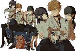 1boy 2girls absurdres belt black_hair black_pants black_skirt blonde_hair breasts buttons chainsaw_man choker clenched_teeth commentary_request cuffs d'orsay_heels grenade_pin hair_between_eyes hair_over_one_eye handcuffs high_heels highres korean_commentary long_sleeves looking_to_the_side medium_breasts mitaka_asa multiple_girls pants pet_play pochita_(chainsaw_man) ponytail purple_hair reze_(chainsaw_man) sharp_teeth shirt sieater07 sitting sitting_on_lap sitting_on_person skirt skirt_cutout sweatdrop swept_bangs teeth twintails white_shirt 