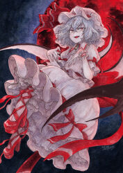  1girl bat_wings blue_hair commentary_request fangs frilled_skirt frills full_moon hat hat_ribbon high_heels highres looking_at_viewer mob_cap moon open_mouth painting_(medium) pink_hat pink_shirt pink_skirt red_eyes red_moon red_shoes remilia_scarlet ribbon sakurai_haruto shirt shoes skirt skirt_set smile solo touhou traditional_media watercolor_(medium) wings zun_pose 