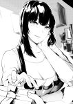  1girl absurdres coffee_maker_(object) collarbone hand_on_own_face happy_birthday highres indoors long_hair looking_at_viewer lynus monochrome naoko-san original parted_lips pov smile solo 