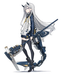  1girl black_shorts black_thighhighs blue_boots boots commentary_request full_body grey_hair high_heel_boots high_heels highres holding holding_weapon horns jacket long_hair long_sleeves original poco_(asahi_age) puffy_long_sleeves puffy_sleeves shadow short_shorts shorts simple_background solo standing thigh-highs thighhighs_under_boots very_long_hair violet_eyes weapon white_background white_jacket 