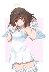  angel_wings breasts brown_eyes brown_hair commentary_request dress frilled_bracelet halo hand_on_own_cheek hand_on_own_face hands_up highres light_smile looking_at_viewer medium_hair monogatari_(series) sengoku_nadeko short_dress small_breasts thigh-highs tsugumi_(tgm_615486) twintails white_background white_dress white_thighhighs wings 