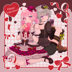  2girls back-to-back black_shirt boots bow box breasts brown_background brown_boots brown_shoes closed_mouth detached_sleeves dress frilled_dress frills gift green_bow grey_dress grey_hair grey_shorts grid_background happy_valentine hat heart heart-shaped_box highres holding holding_gift knee_boots kneehighs kusanagi_nene long_sleeves low_twintails medium_breasts mini_hat multiple_girls ootori_emu pink_eyes pink_hair plaid_clothes plaid_shorts pnyo_emc project_sekai puffy_long_sleeves puffy_short_sleeves puffy_sleeves purple_hat ribbed_socks shirt shoes short_sleeves short_twintails shorts sitting smile socks tilted_headwear twintails violet_eyes wariza white_sleeves white_socks wrist_cuffs 