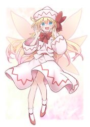  1girl :d belt blonde_hair blue_eyes blush border bow bowtie capelet commentary dot_nose fairy fairy_wings floating full_body hands_up hat hat_bow highres lily_white long_hair long_sleeves looking_at_viewer open_mouth outside_border pink_background red_belt red_bow red_bowtie red_shoes shirt shoes simple_background skirt skirt_set smile socks solo split_mouth teeth touhou upper_teeth_only very_long_hair white_border white_capelet white_hat white_shirt white_skirt white_socks wide_sleeves wings yutamaro 