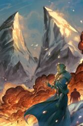  1boy 1girl capelet colored_skin commentary dress earrings english_commentary facial_mark female_orc fire fur_capelet green_skin highres jessica_fong jewelry long_hair mountain multiple_earrings official_art orc pointy_ears textless_cover_page the_hunger_and_the_dusk 