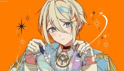  1boy :< ascot black_choker blonde_hair blue_eyes blue_gem blue_hairband blue_jacket blush brooch choker cinderella_(vocaloid) collar_chain_(jewelry) contrast_collar disney_sparklink_stars elie_cendrillon epaulettes gem glass_footwear glass_slipper gloves hair_between_eyes hairband half_gloves halftone hands_up holding holding_unworn_clothes holding_unworn_shoes jacket jacket_on_shoulders jewelry lapels long_hair_between_eyes looking_at_viewer male_focus name_connection notched_lapels nukoshigure orange_background portrait raised_inner_eyebrows ring shirt shoes short_hair sidelocks simple_background solo sparkle unworn_shoes white_ascot white_gloves white_jacket white_shirt 