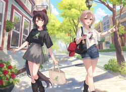  2girls :d animal_ears artist_request bag black_bag black_shirt black_socks blue_shorts blue_sky bracelet breasts brown_hair building cafe cellphone city closed_mouth clouds copyright_name dappled_sunlight day denim denim_shorts dog_ears dog_girl dog_tail furen_e_lustario green_nails grey_skirt handbag hat heterochromia highres holding holding_bag holding_phone inui_toko jewelry kneehighs looking_at_viewer medium_breasts medium_hair menu multiple_girls nail_polish nijisanji official_alternate_costume official_art open_mouth outdoors phone plant pleated_skirt pointing potted_plant print_shirt red_eyes red_hat red_nails road second-party_source shirt shirt_tucked_in short_sleeves shorts shoulder_bag skirt sky smartphone smile socks street sunlight tail tree unworn_hat unworn_headwear virtual_youtuber white_shirt window wolf_cut yellow_eyes 
