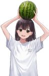  1girl :d arm_up black_hair blush brown_eyes dot_nose food fruit happy highres looking_at_viewer medium_hair nicoseiga124063550 on_head original shirt short_sleeves simple_background smile solo t-shirt teeth upper_body watermelon white_background 
