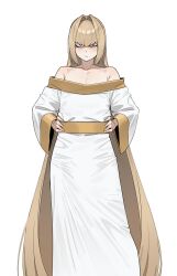  1boy angel_(in) bare_shoulders blonde_hair commentary english_commentary glaring hands_on_own_hips highres in_(ain) long_hair looking_at_viewer original simple_background solo tagme trap very_long_hair 