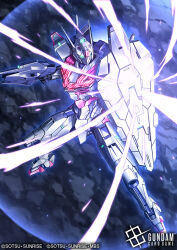  amasaki_yusuke asteroid commentary_request company_name copyright_logo copyright_name copyright_notice firing full_body glowing glowing_eyes green_eyes gundam gundam_card_game gundam_lfrith gundam_suisei_no_majo holding holding_weapon logo mecha mecha_focus mobile_suit official_art robot science_fiction shield solo space sunrise_(company) weapon 