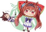  &gt;_&lt; +++ 2girls animal_ears bangs blush bow bowtie brown_footwear brown_hair check_commentary chibi closed_eyes closed_mouth commentary_request daiwa_scarlet_(umamusume) ear_ornament food frilled_skirt frills fruit fruit_costume full_body hair_between_eyes hair_intakes hair_over_one_eye hinata_yuu horse_ears horse_girl horse_tail horseshoe_ornament laughing long_hair low_ponytail lying miniskirt multicolored_hair multiple_girls on_back open_mouth pleated_skirt pout puffy_short_sleeves puffy_sleeves pun purple_bow purple_bowtie purple_shirt red_eyes sailor_collar sailor_shirt school_uniform serafuku shirt shoes short_sleeves sidelocks skirt smile standing summer_uniform tail thigh-highs tiara tracen_school_uniform twintails two-tone_hair umamusume very_long_hair vodka_(umamusume) watermelon white_background white_skirt white_thighhighs 