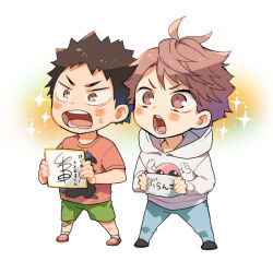  2boys black_hair blush brown_eyes brown_hair chibi chibi_only commentary_request full_body haikyuu!! hood hood_down hoodie iwaizumi_hajime konno_seara male_focus multiple_boys oikawa_tooru_(haikyuu!!) open_mouth short_hair simple_background standing translation_request white_background 