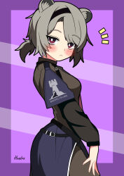  1girl absinthe_(arknights) absurdres animal_ear_fluff animal_ears arknights artist_name black_hairband blush border bright_pupils brown_pantyhose brown_shirt closed_mouth clothes_writing commentary_request cowboy_shot fingernails grey_hair hairband hand_on_own_thigh hendra highres long_sleeves looking_at_viewer notice_lines outside_border pantyhose partial_commentary pink_background red_eyes rhodes_island_logo_(arknights) shirt short_hair solo standing white_pupils 