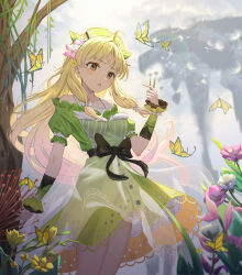  1girl :o absurdres ahoge al_guang atelier_(series) atelier_ayesha ayesha_altugle bare_shoulders black_bow blonde_hair blurry blurry_background blush bow breasts brown_eyes bug butterfly buttons clouds cloudy_sky commentary cowboy_shot dandelion dandelion_clock dandelion_seed dress falling_petals floating_clothes floating_hair floating_island flower fur_trim gradient_clothes gradient_dress green_dress green_hat hair_flower hair_ornament hat highres holding holding_flower leaf long_hair looking_at_object low-tied_sidelocks medium_breasts off-shoulder_dress off_shoulder petals pink_flower see-through_clothes short_sleeves shoulder_blush sidelocks sky solo standing thighs tree very_long_hair waist_bow white_flower wrist_cuffs yellow_butterfly yellow_flower 