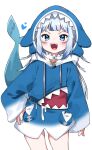  1girl :d absurdres bangs blue_eyes blue_hair blue_hoodie blush commentary drawstring fish_tail gawr_gura hand_on_hip heart highres hololive hololive_english hood hood_up hoodie long_sleeves looking_at_viewer multicolored_hair shark_tail sharp_teeth simple_background sleeves_past_wrists smile solo standing streaked_hair tail tail_raised teeth tosyeo v-shaped_eyebrows virtual_youtuber white_background wide_sleeves 