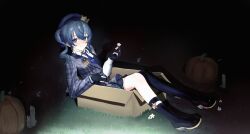  1girl asymmetrical_footwear asymmetrical_sidelocks belt beret blue_choker blue_eyes blue_hair blue_necktie blush boots box breasts candle cardboard_box choker commentary_request crown dazetoo flower gloves grey_hat hair_between_eyes half-jacket hat highres holding holding_flower hololive hoshimachi_suisei hoshimachi_suisei_(14th_costume) in_box in_container jacket looking_at_viewer mini_crown multiple_belts necktie night official_alternate_costume outdoors partially_fingerless_gloves pendant_choker plaid_clothes plaid_jacket plaid_skirt pleated_skirt pumpkin shirt side_ponytail sidelocks single_thighhigh skirt small_breasts solo star_(symbol) star_in_eye star_pendant symbol_in_eye thigh-highs uneven_footwear virtual_youtuber white_shirt 