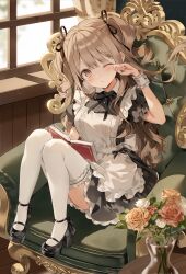  1girl apron armchair black_bow black_dress black_shoes blush book bow brown_eyes brown_hair chair closed_mouth commentary curtains dress english_commentary flower frilled_apron frills hair_ornament hair_ribbon hand_up highres holding holding_book indoors knees_up long_hair looking_at_viewer maid maid_apron mary_janes one_eye_closed open_book original parted_lips puffy_sleeves ribbon rose shoes short_sleeves sitting solo sunlight thigh-highs two_side_up vase weri white_apron white_thighhighs white_wrist_cuffs window wrist_cuffs 
