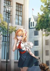  1girl alice_margatroid ascot blonde_hair blue_dress blue_eyes blue_sky blush building capelet clouds commentary_request day dress falling_leaves frilled_hairband frills hairband highres lamppost leaf open_mouth outdoors red_ascot red_hairband red_sash rolling_suitcase sash sky smile solo suitcase touhou v waist_sash white_capelet yuki_(snowmaiden) 