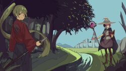 2girls book castle cloak deemuru dress european_architecture fantasy grass green_hair hair_between_eyes hair_ornament hat highres holding holding_sword holding_wand holding_weapon japanese_clothes landscape large_hat long_hair looking_at_viewer mocha_(osu!) mountain multiple_girls osu! outdoors pants pink_hair pippi_(osu!) scenery short_hair sky smile spire staff stream sword tree tree_shade very_long_hair wand weapon witch witch_hat 