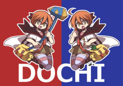  2girls ahoge bag black_sailor_collar blue_background coat commentary_request green_eyes green_skirt holding holding_test_tube jumping land-k medic_(sekaiju) medic_2_(sekaiju) multiple_girls multiple_views open_mouth orange_hair outline red_background sailor_collar sekaiju_no_meikyuu sekaiju_no_meikyuu_1 sekaiju_no_meikyuu_2 short_hair short_sleeves shoulder_bag skirt smile striped_clothes striped_thighhighs test_tube thigh-highs two-tone_background white_coat white_outline yellow_bag 