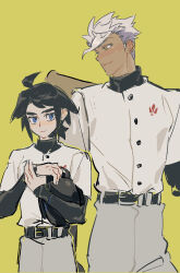  2boys ahoge alternate_costume baseball_bat baseball_uniform belt black_belt black_hair blue_eyes closed_mouth commentary dark-skinned_male dark_skin grey_hair grey_pants gundam gundam_tekketsu_no_orphans hat highres holding holding_baseball_bat holding_unworn_clothes holding_unworn_hat layered_sleeves long_sleeves looking_at_another male_focus mikazuki_augus multiple_boys orga_itsuka pants short_hair short_over_long_sleeves short_sleeves simple_background smile sportswear sumooo_(ga_ilil) unworn_hat unworn_headwear yellow_background yellow_eyes 